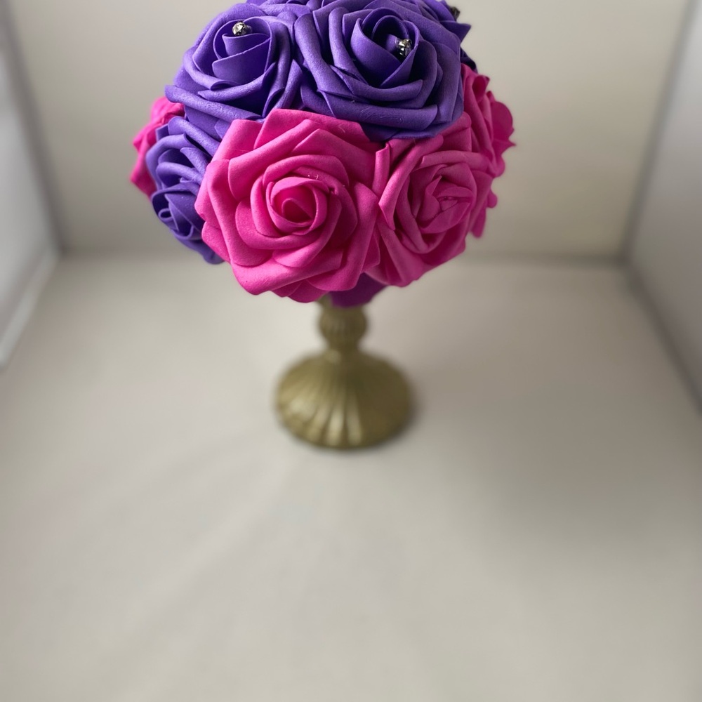 Elegant Purple and Pink Silk Rose Bouquet on Gold Stand NEW
